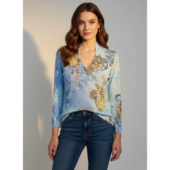 Alberto Makali Tops - Vtg Alberto Makali Embroidered Floral Beaded Sequin Blue Knit Top M | Boho Indie